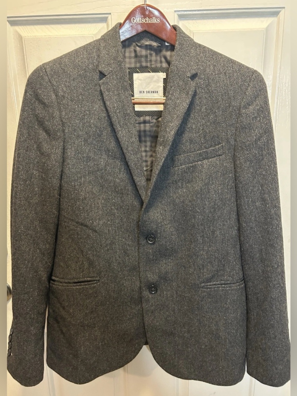 Ben Sherman Men’s Grey Herringbone Tweed Blazer Jacket | Surgical Cuffs | Size L